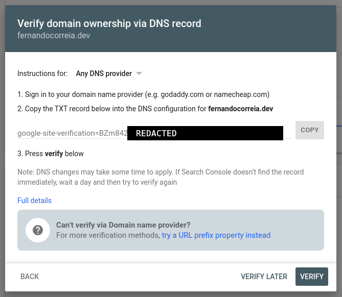 Verify domain ownership dialog